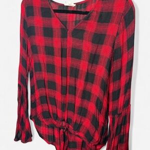Medium Red/Black Plaid Blouse with Tie Front and Bell Sleeves EE:Some